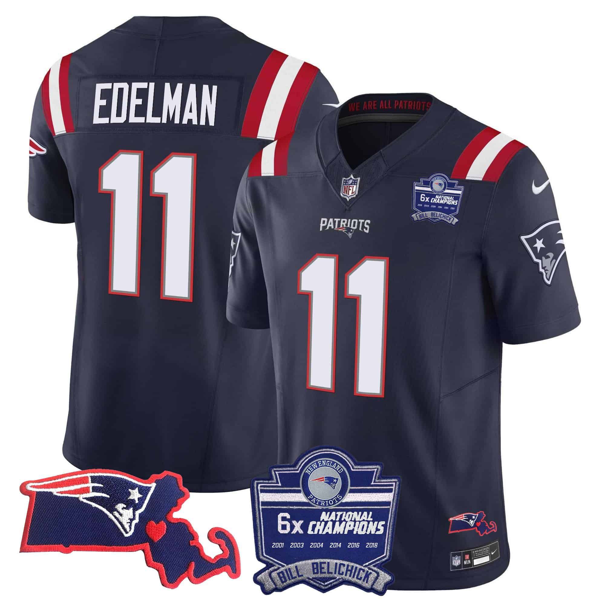 Men New England Patriots #11 Edelman Dark blue 2024 Nike 6x Champions Patch Vapor Limited NFL Jersey style 1